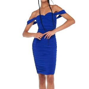 NWT Norma Kamali Electric Blue Walter Ruched Dress Winglet Sleeves XS